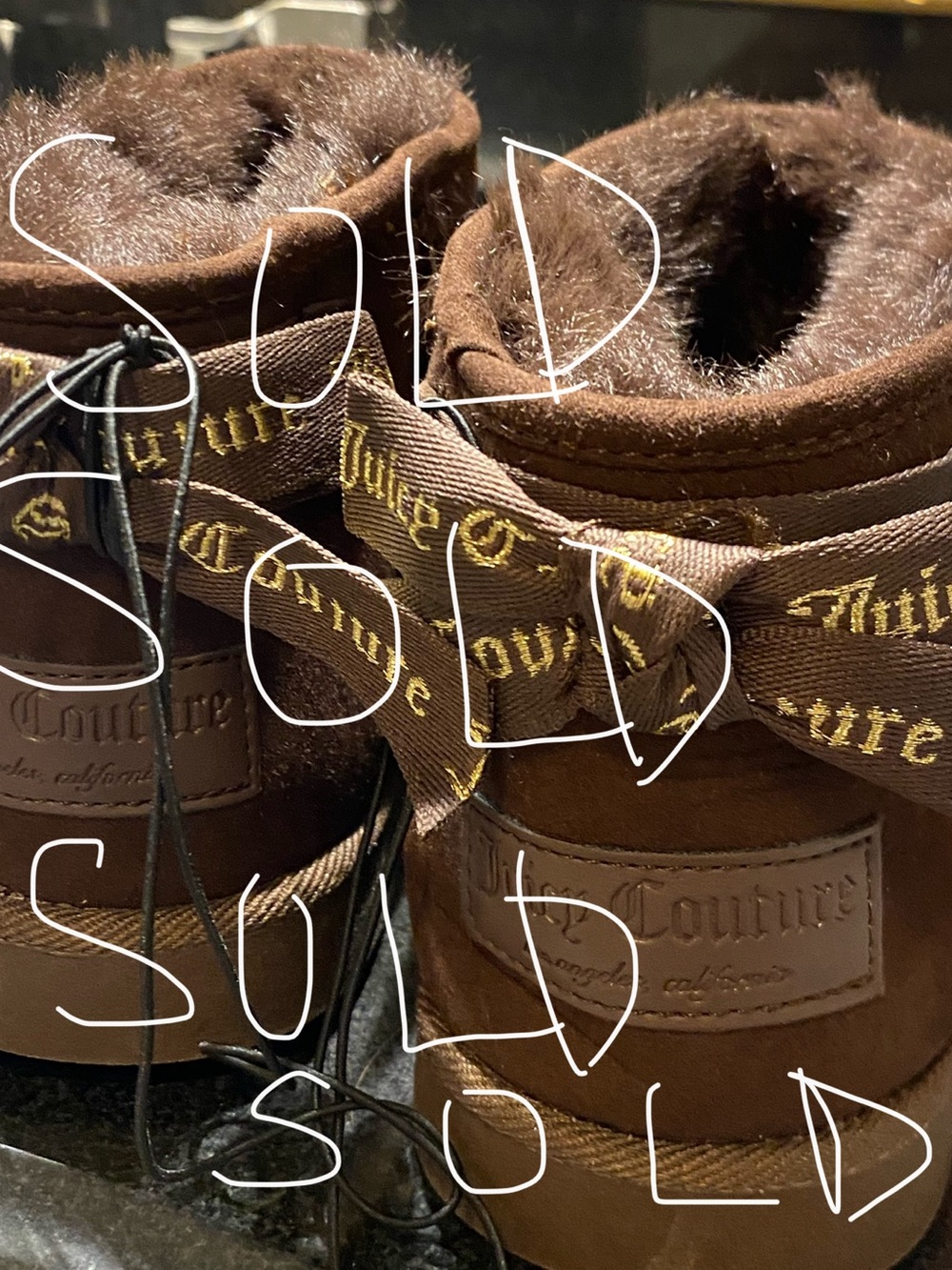 sold. do not buy. Juicy Couture Brown Faux-Fur Ribbon Ankle Boots Sz 6. cute.